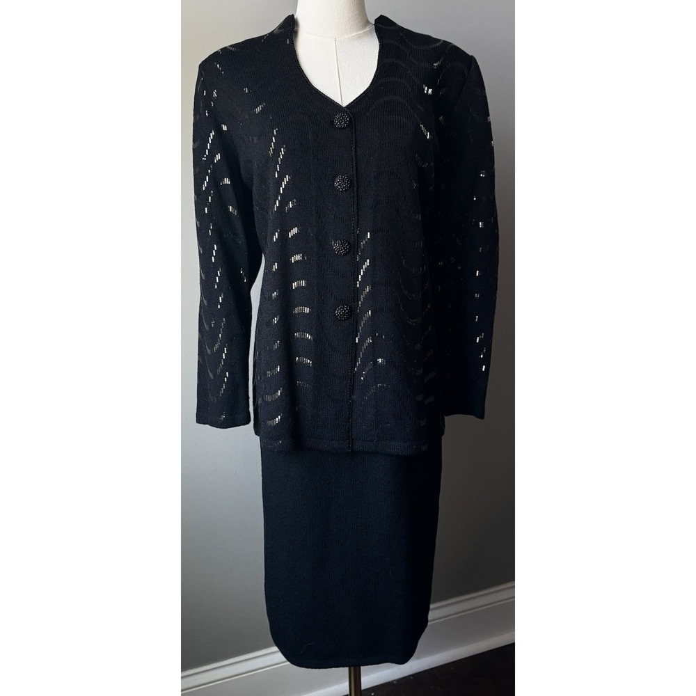 Toula Black Wool Sweater Skirt Set 12/12P Vintage Rhinestone Buttons